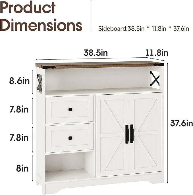Fameill Farmhouse Storage Cabinet with Drawers and Open Storage,Freestanding Kitchen Pantry with 2 Barn Doors, Floor Cabinet with Adjustable Shelf for Living Room,White - ModernBath