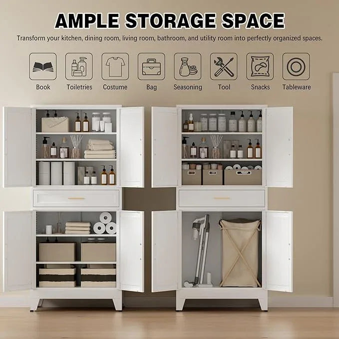 COFaR 71" Tall Kitchen Pantry, Farmhouse Storage Cabinet with Doors and Shelves, Metal Cabinet with Drawers and Legs, for Cupboard/Dining Room/Bathroom/Living Room/Office/Laundry Room (White). - ModernBath