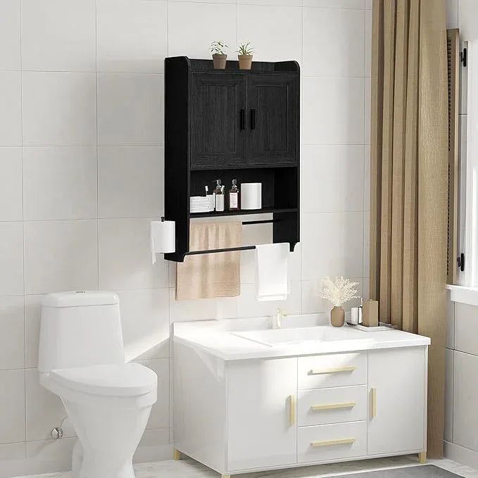 Bathroom Wall Cabinet, Wooden Medicine Cabinet Over the Toilet with Adjustable Inner Shelf, Wall Mounted Cabinet with Doors for Bathroom Storage, Hanging Cabinet for Wall with Towels Bar (Black) - ModernBath