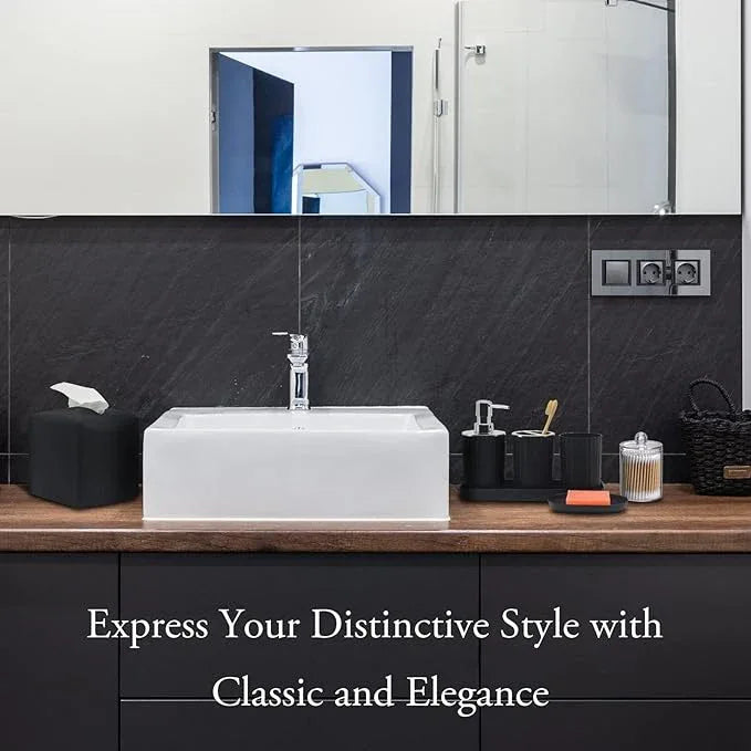Bathroom Accessory Set - 10 Piece Black Bathroom Accessories Set with Trash Can, Toothbrush Holder and Cup, Soap Dispenser, Soap Dish, Toilet Brush Holder, Vanity Tray, Qtip Holder, Tissue Box Cover - ModernBath