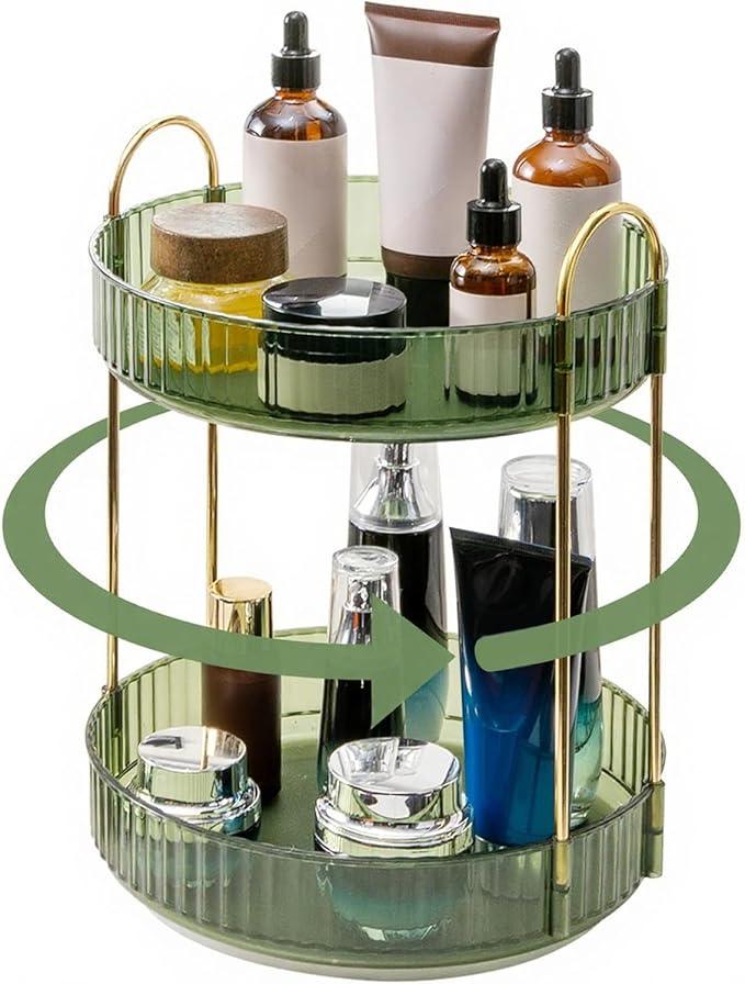 INVSSENE 360° Rotating Makeup Organizer, Bathroom Make Up Spinning Holder Rack, Large Capacity Cosmetics Storage Vanity Shelf Countertop, Fits Cosmetics, Perfume, Skincare, Lipsticks(2 Tiers, Green) - ModernBath