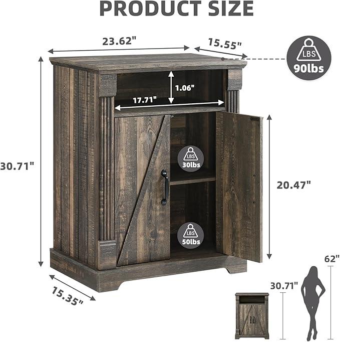 24" Farmhouse Storage Cabinet – Dark Rustic Oak Freestanding Buffet Sideboard with Barn Doors, Adjustable Shelf, Small Coffee Bar for Kitchen, Bathroom & Living Room - ModernBath