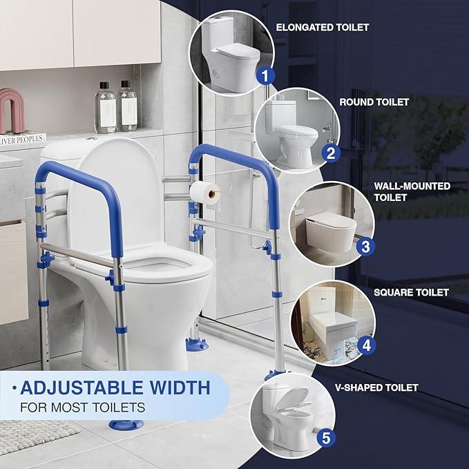 Loyoda Foldable Toilet Safety Rails for Seniors - Adjustable Toilet Safety Frame & Toilet Handles for Elderly & Disabled, Fits Most Toilets, 350lb Capacity, Blue - ModernBath