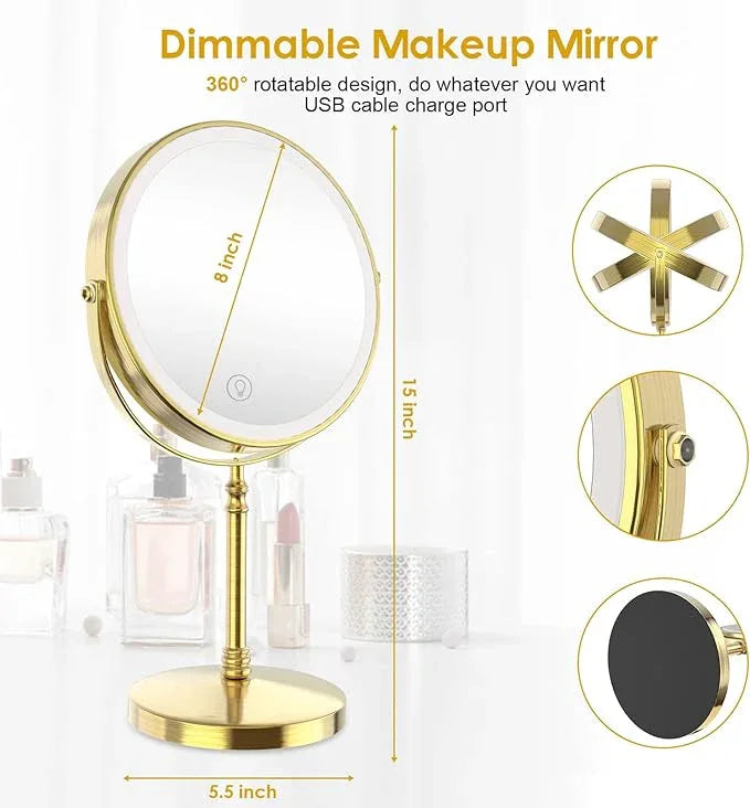 Lighted Makeup Mirror, 3000 mAh Rechargeable Double Sided Magnifying Vanity Mirror with 3 Colors, 1x/10x, 360° Rotation , Brightness Adjustable Magnification Cosmetic Light up Mirror, Women Gift - ModernBath