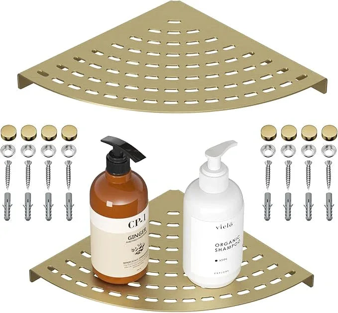 2 Pack Corner Shower Shelves 304 Stainless Steel Shower Corner Shelf Brushed Gold Bathroom 8 in Prevent Rust Drilling Installation - ModernBath