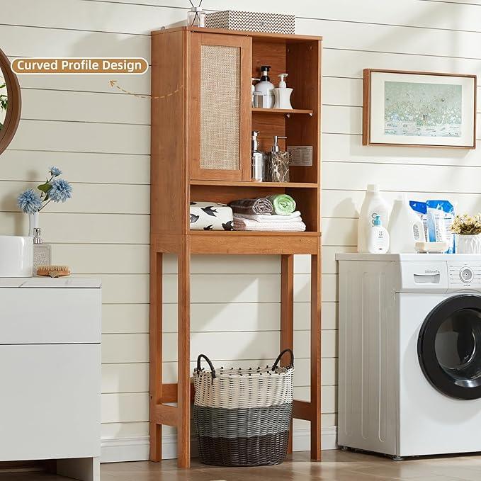 LEYAOYAO Over The Toilet Storage Cabinet with Rattan Sliding Door, 68" Tall Wood Above Toilet Bathroom Organizer w/Adjustable Shelf & Curved Profile, Space Saver Freestanding Washer Shelf - ModernBath