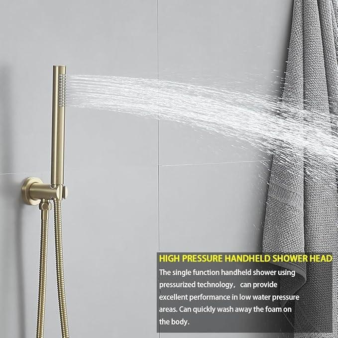 JingGang Brushed Gold Ceiling Mount Round Rain Shower System with 16 Inch Shower Head and Handheld Bathroom Shower Set Contain Shower Faucet Trim Kit (Mixer Valve Included) - ModernBath