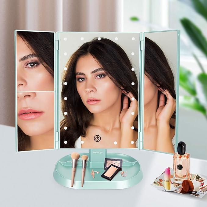 deweisn Trifold Lighted Vanity Makeup Mirror with 21 LED Lights,1x/2x/3x Magnification Touch Screen Dimming,Two Power Supplies Makeup Mirror, Gift for Women - ModernBath