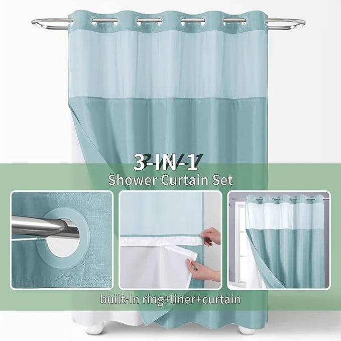 eachope Extra Long No Hook Shower Curtain with Snap-in Fabric Liner Set,Slub Textured Fabric Shower Curtains for Bathroom,Hotel Style Modern Shower Curtain,Water Repellent & Washable,71x86,Teal - ModernBath