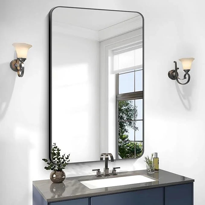 BONEWEI 30x48 inch Bathroom Mirror,Black Rectangle Mirror,Wall Mounted Bathroom Frame Vanity Mirror with Round Corner for Bedroom Living Room, Entryway Hangs Horizontal or Vertical - ModernBath