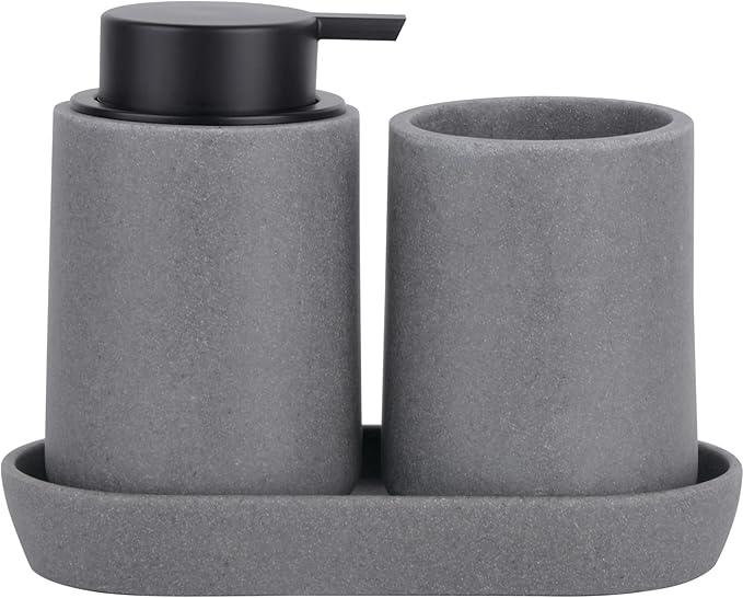 Clasin Home Grey Bathroom Accessories Set, 3 Pcs Resin Bathroom Accessories Complete Set, Sandstone Look Soap Dispenser with Large Pump, Toothbrush Cup, Soap Dish for Modern Home Decor and Kitchen - ModernBath