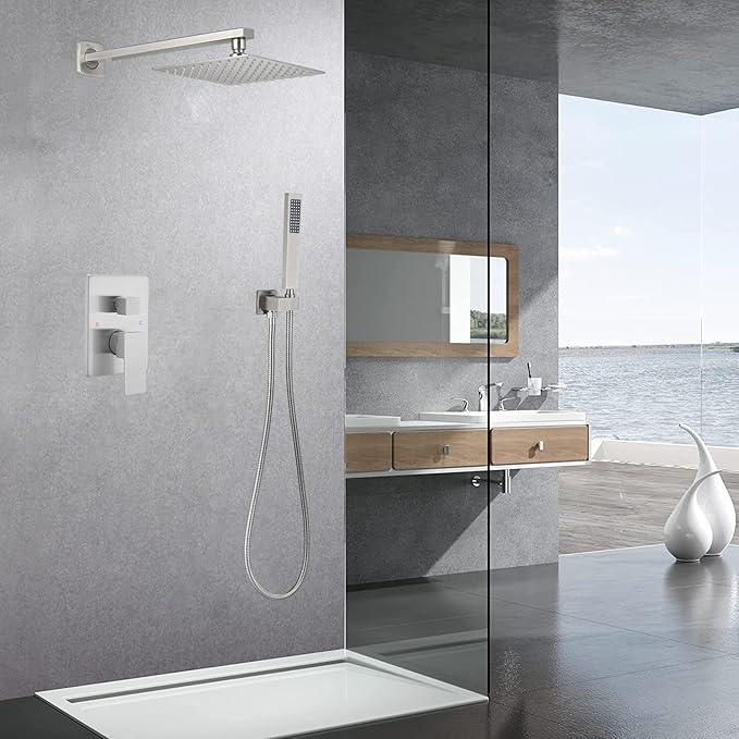 Heable Brushed Nickel Shower System Bathroom Luxury Rain Mixer Shower Combo Set Wall Mounted Rainfall Shower Head System Shower Faucet Rough-in Valve Body and Trim Kit - ModernBath