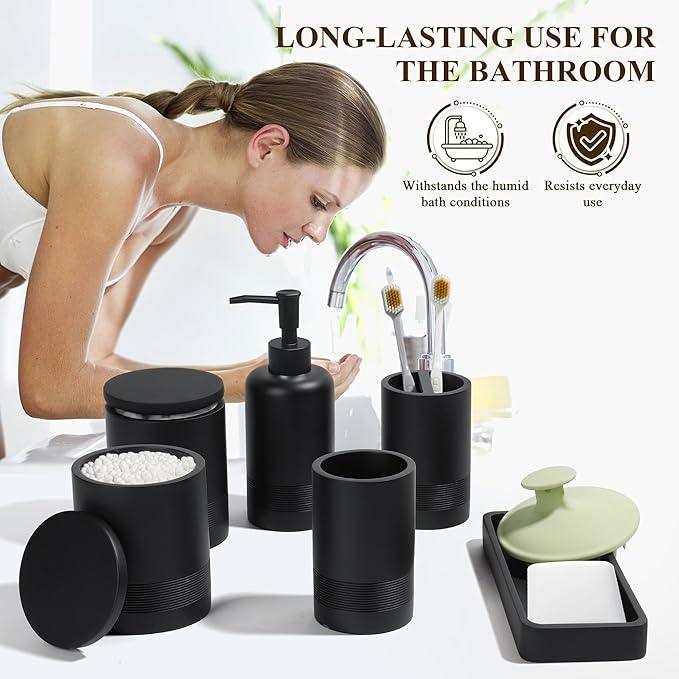 Bathroom Accessories Set, 6-Piece Bathroom Accessory Set, Toothbrush Holders Set, Soap Dispenser, Vanity Tray, Tumbler, Cotton Swab Jars, Bathroom Organizer for Modern Bathrooms(Matte Black) - ModernBath
