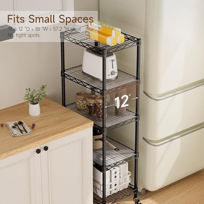 Small 5 Tier Shelves Storage Wire Shelving Unit Metal Shelf Adjustable Organizers Storage Shelving with Wheels for Bathroom Laundry Room Kitchen Pantry12”D x 18”W x 57.2”H Black - ModernBath