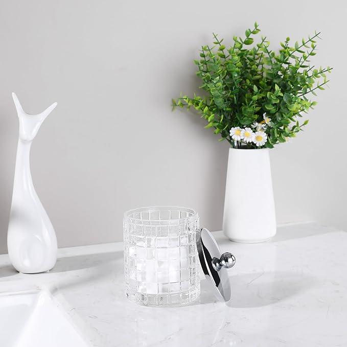 Indecor Home Glass Cotton Jar Holder Silver Lid, Elegant Bathroom Storage Canister for Qtips, Cotton Balls, Floss, Makeup Organizer, Vanity Bathroom Organization - ModernBath