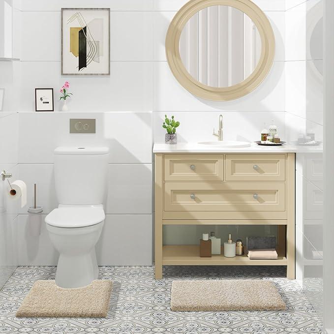 Yimobra Toilet Rugs U Shaped 24x20, Ultra Soft and Water Absorbent Bath Mats, Non Slip Fluffy Luxury Microfiber Contour Bath Rugs for Toilet, Dry Quick, Machine Washable, Light Beige and White - ModernBath