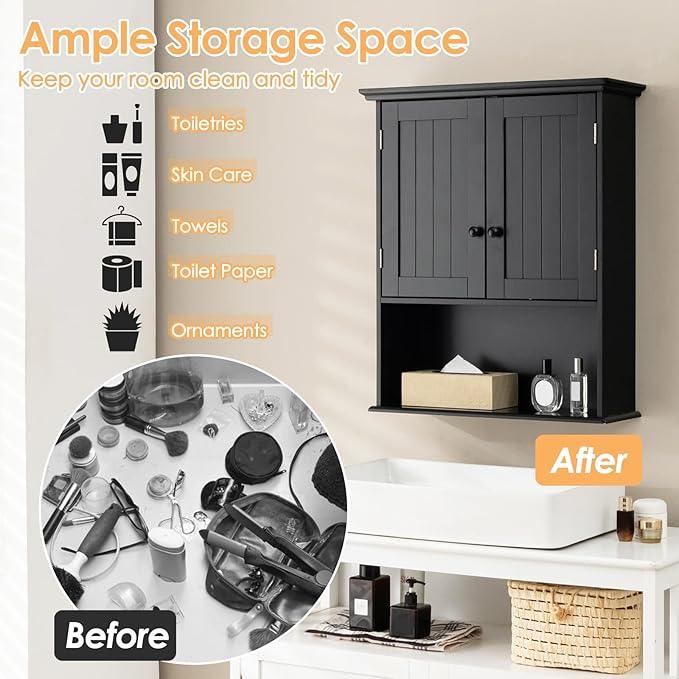Tangkula Wall Mount Bathroom Cabinet Wooden Medicine Cabinet Storage Organizer with 2-Doors and 1-Shelf Cottage Collection Wall Cabinet (Black) - ModernBath