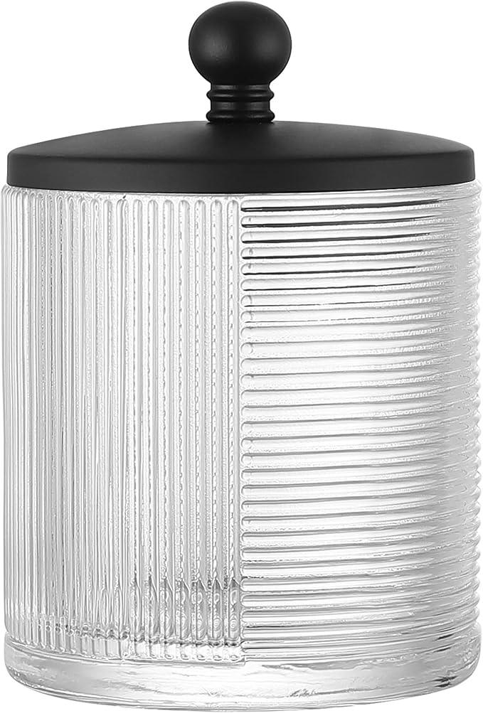 Indecor Home Clear Transparent Apothecary Ribbed Geometric Etched Glass Jar W/Matte Black Metal Lid Cover for Bathroom Organization, Cotton Balls, Q Tips, and Small Accessories, Bathroom Storage - ModernBath