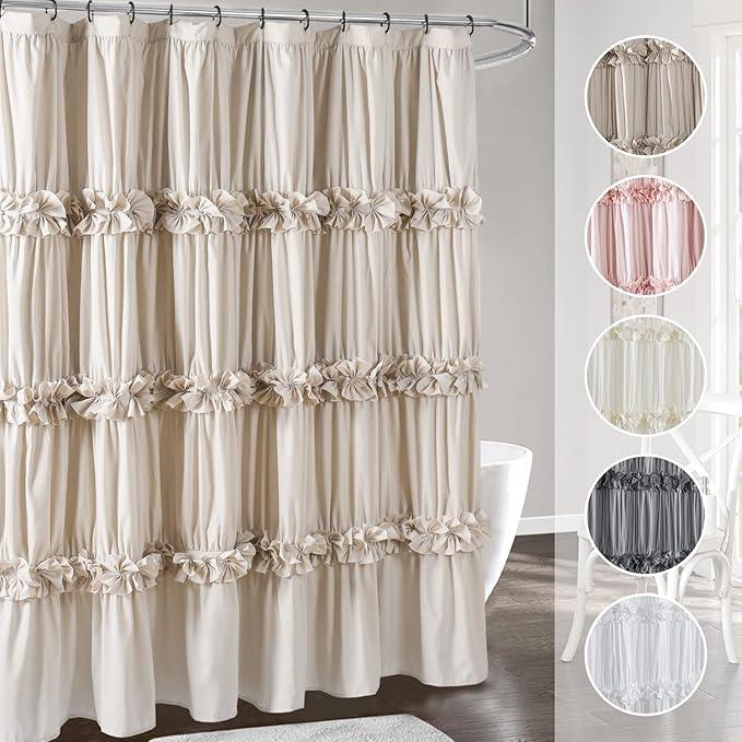 Homechoice Decor Camel Ruffle Shower Curtain, Vintage Handcrafted Bow Tie Ruched Microfiber Bath Curtain for Master Bathroom with 12 Buttonholes, 72" W x 72" H (LQ-10) - ModernBath