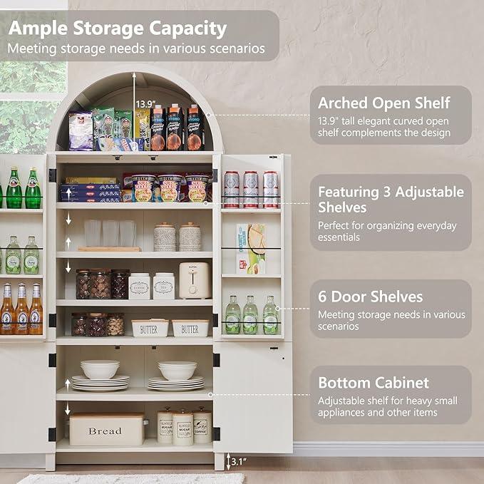 71" Tall Arched Bathroom Storage Cabinet, Modern Fluted Storage Cabinet w/Doors, 3 Adjustable Shelves, 6 Door Shelves, Wood Freestanding Cabinet for Bathroom, Entryway, Hallway, Antique White - ModernBath