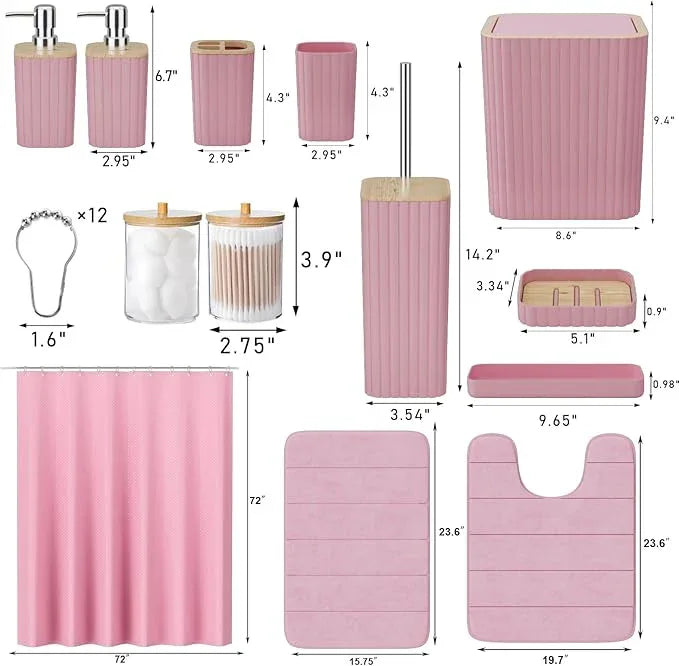 XLHOMO Bathroom Accessories Set - 25PC Pink Bathroom Set, Bathroom Set with Shower Curtain and Rugs, Pink Shower Curtain Set, Toilet Brush, Bathroom Trash Can - ModernBath