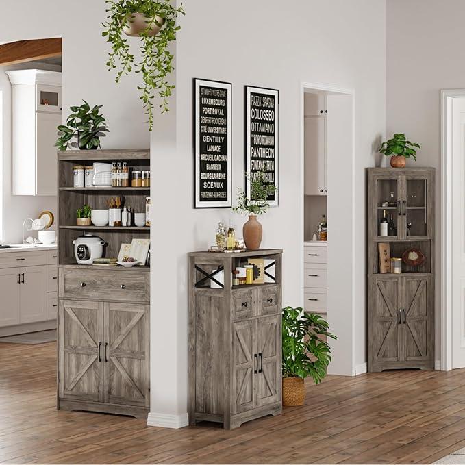Farmhouse Storage Cabinet with Barn Doors and Open Shelf, Kitchen Pantry with Storage, Coffee Bar Station, Freestanding Cupboard Hutch Cabinet for Kitchen, Dinning Room, Livingroom, Grey - ModernBath