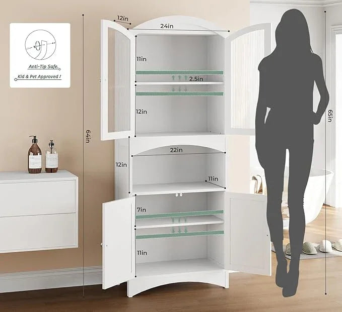 Kitchen Pantry Cabinet, Upgraded All Painted Tall Bathroom Cabinet, Modern White Kitchen Hutch W/Microwave Stand & Fluted Glass Doors, White Wooden Storage Cabinet for Living Dining Room - ModernBath