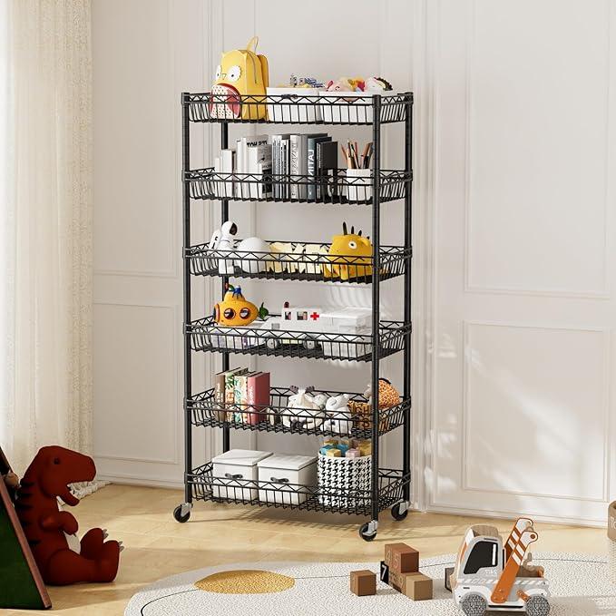 6 Shelves Storage Shelf Wire Closet Bathroom Organizers Metal Pantry Kitchen Garage Shelving Unit Laundry Room Organization Home Rack Net Basket Black with Wheels 30" Dx14 Wx65 H - ModernBath