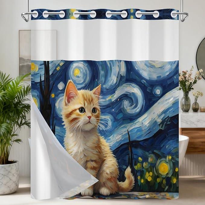 Starry Night Cat Cute Shower Curtain, No Hook Cat Shower Curtain with Weighted Snap in Liner, Waterproof Shower Curtains for Bathroom, Translucent Top Window Design, Gifts for Cat Lovers, 71x74 Inches - ModernBath