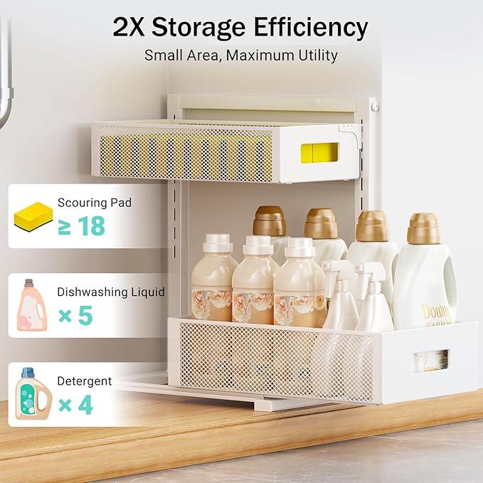 Under Sink Organizer Adjustable Height 2 Tier Bathroom Organizer Pull Out Cabinet Organer kitchen organizers and storage fridge organizers and storage,White,XL-1 Pack - ModernBath