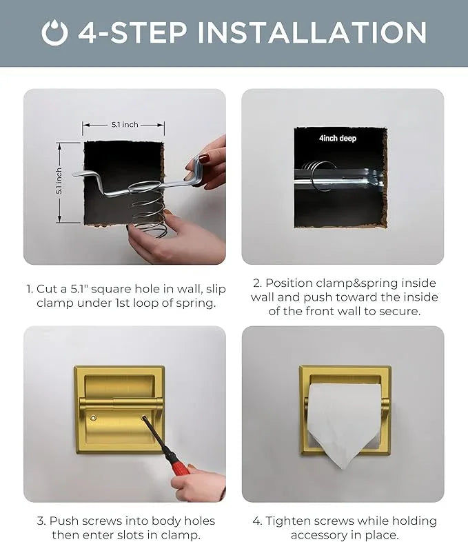 FORIOUS Recessed Toilet Paper Holder, Stainless Steel Durable Tissue Roll Holder Wall Mount for Bathroom Space Saving Design with Mounting Bracket, in Wall Toilet Paper Dispenser Insert, Gold - ModernBath