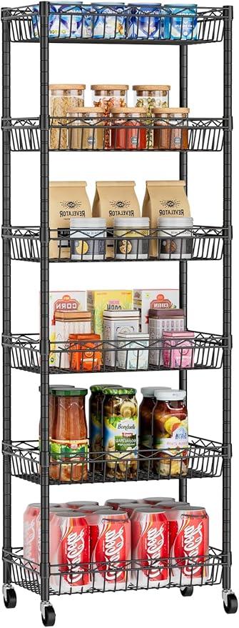 6 Tier Basket Shelf Wire Shelving Unit Adjustable Storage Shelves Big Basket Rack for Garage Kitchen Office Pantry Corner 17.2" Dx12.2 Wx63 H Black - ModernBath