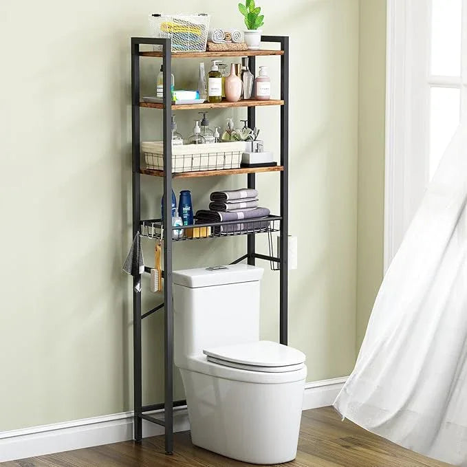 Over-The-Toilet Storage Rack, 4-Tier Bathroom Organizer Shelf Over Toilet with Adjustable Shelf and Basket, Freestanding Space Saver Bathroom Shelves Above Toilet for Room (Vintage Brown) - ModernBath