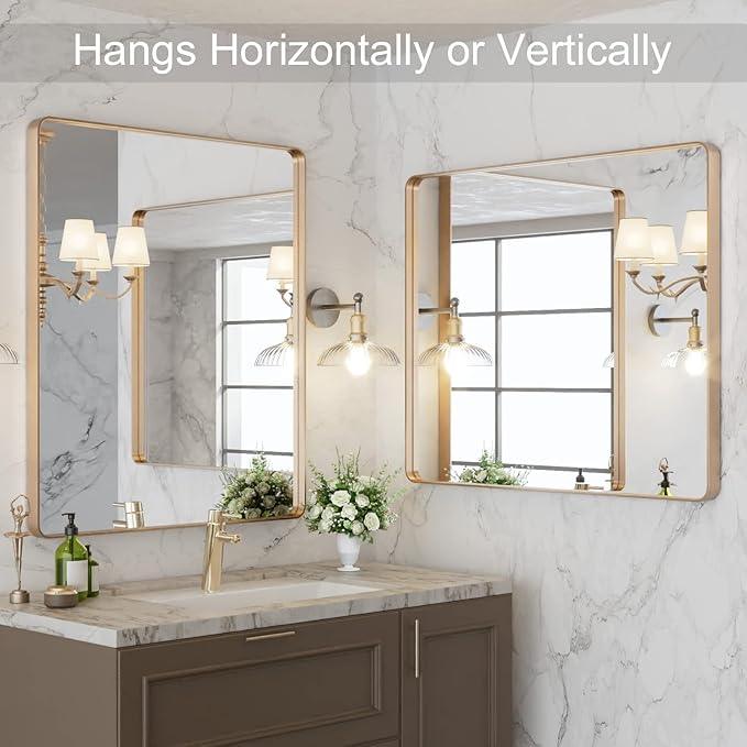 LOAAO 30”X36” Gold Bathroom Mirror, Rounded Rectangle Gold Frame Mirror, Brushed Gold Bathroom Vanity Mirror Wall-Mounted, Anti-Rust, Tempered Glass, Hangs Horizontally or Vertically - ModernBath