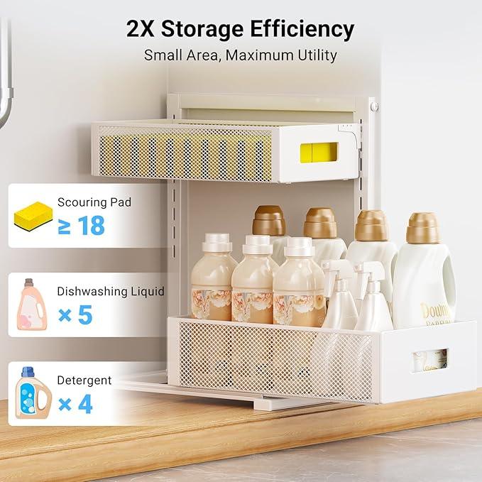 Pull-out Under Kitchen Sink Organizer, Metal Functional Under Sink Organizer, Height Adjustable Under Bathroom Sink Organizer, Under Sink Storage for Kitchen Bathroom Cabinet (White) - ModernBath