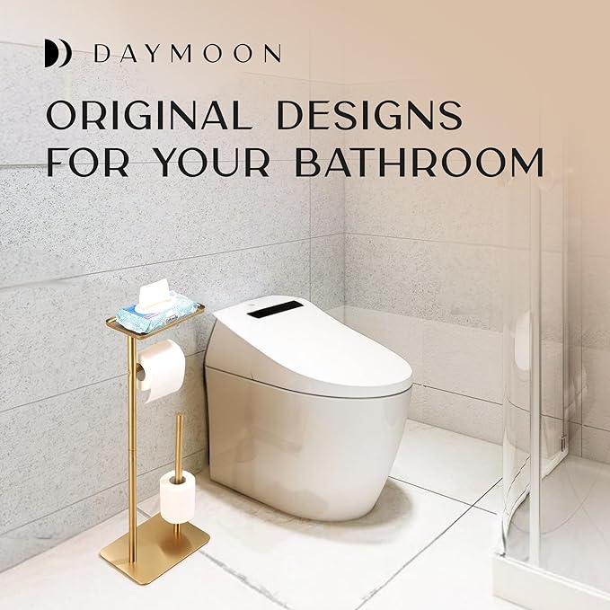 Day Moon™ Gold Toilet Paper Holder Free Standing Toilet Paper Holder with Storage - Toilet Paper Stand and Tissue Holder for Bathroom - Toilet Paper Holder with Shelf and Wipe Holder - ModernBath