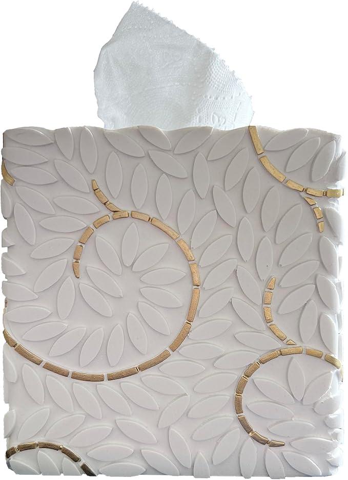 Huitony Square Tissue Box Cover Decorative Klenex Box Holder for Bathroom & Living Room with Handcrafted Texture (White&Gold) - ModernBath