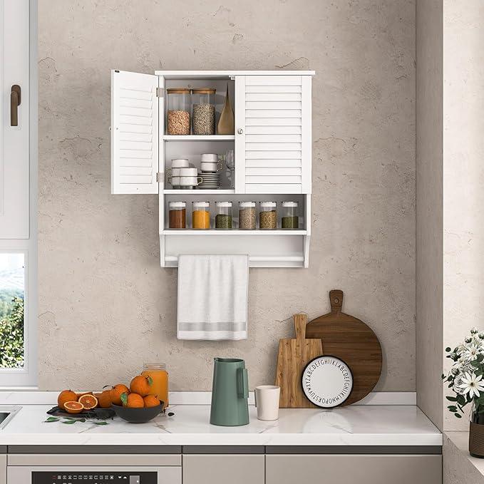 Tangkula Wall Mounted Bathroom Cabinet with Open Shelf & Bar, Medicine Cabinet with Double Louvered Doors, Wall Storage Cabinet with Adjustable Shelf, for Bathroom Living Room Kitchen (White) - ModernBath