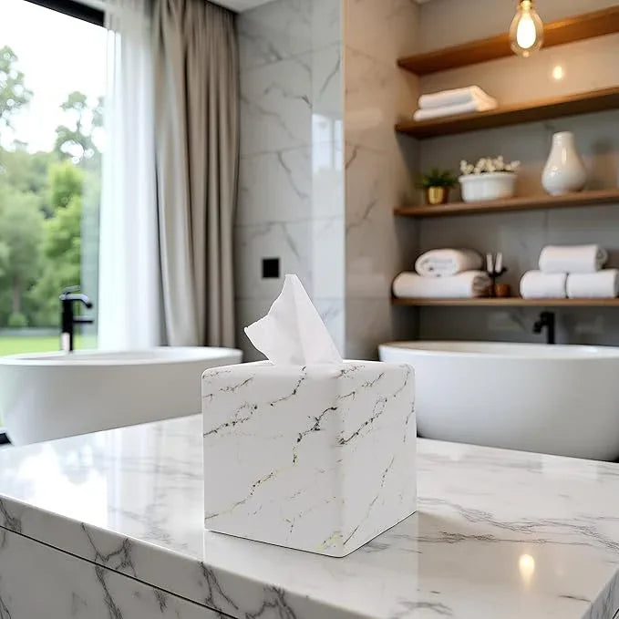 Huitony Marble Tissue Box Cover Square Decorative Stone Klenex Box Holder for Bathroom & Living Room with Handcrafted Texture (Marble-A) - ModernBath