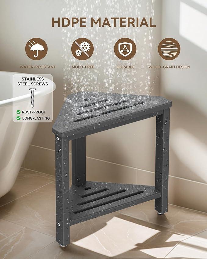 Shower Foot Rest 15in, HDPE Waterproof Shower Stool for Inside Shower, Corner Shower Stool for Shaving Legs with Storage Shelf for Small Space, Shower Step Stool, Plastic Corner Shower Bench, Grey - ModernBath