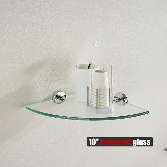 JQK Corner Glass Shelf, Polished Chrome Bathroom 304 Stainless Steel Shower Triangle Floating Wall Shelf, 10 x 10 Tempered Glass, 2 Pack, TGS190L10-CH-P2 - ModernBath