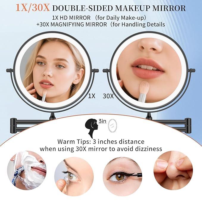 FUNTOUCH 9" 30X/1X Wall Mounted Lighted Makeup Mirror, 5000mAh Rechargeable Double Sided Magnifying Mirror with Adapter, 3 Color Lights,Touch Dimmable, 360 Rotation Extended Arm for Bathroom,Black - ModernBath