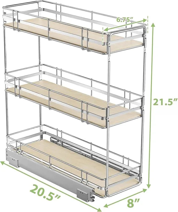 ROOMTEC 3-Tier Pull Out Cabinet Organizer Spice Rack for Narrow Cabinet 8" W x 20½" D, Slide Out Wood Shelves Storage for Kitchen - ModernBath