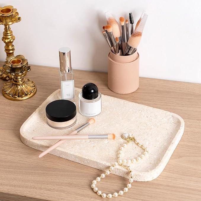 Karibiber Natural Marble Vanity Tray, 11.8" Marble/Stone Bathroom Tray Countertop, Beige Tray for Decor, Perfume Jewelry Holder, Storage/Organizer for Kitchen Sink - ModernBath