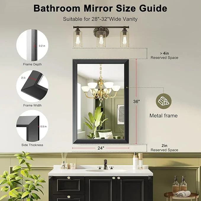 Black Bathroom Mirror for Over Sink, 24x36Inch Thick Anti-Rust Metal Frame, Rectangle Decorative Wall Mirror with HD Tempered Glass Horizontal or Vertical Mount for Vanity, Bedroom, Living Room - ModernBath