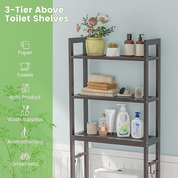 Giantex Over The Toilet Storage Rack, 3-Tier Metal Bathroom Organizer with 3 Hooks, Adjustable Bottom Bar, Anti-Tippling Devices, Freestanding Toilet Space-Saver for Bathroom, Laundry (Coffee) - ModernBath