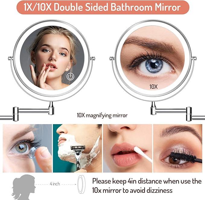 Rocollos Rechargeable Wall Mounted Lighted Makeup Mirror Chrome, 8 Inch Double-Sided LED Vanity Mirror 1X/10X Magnification,3 Color Lights Touch Screen Dimmable 360°Swivel 13 Inch Extendable - ModernBath