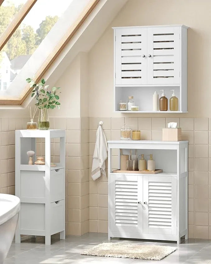 VASAGLE Bathroom Wall Cabinet, Medicine Cabinet, Wall-Mounted Bathroom Storage Cabinet, with Adjustable Shelf, Double Slat Doors and Open Shelf, 7.9 x 23.6 x 27.6 Inches, White UBBK028W01 - ModernBath