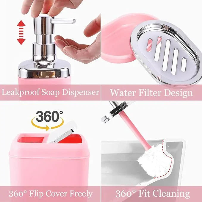 XLHOMO Pink Bathroom Accessory Set, Plastic Bathroom Set with Tray, Soap Dispenser, Toothbrush Holder, Toothbrush Cup, Soap Dish, Toilet Brush, Trash Can and Q-tip Holders for Bathroom/Housewarming - ModernBath