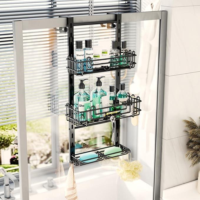 HapiRm 3 Tier Over the Door Shower Caddy, Hanging Shower Caddy with 16 Hooks and 2 Soap Holders, No Drilling Adjustable Hanging Bathroom Organizer - Black - ModernBath